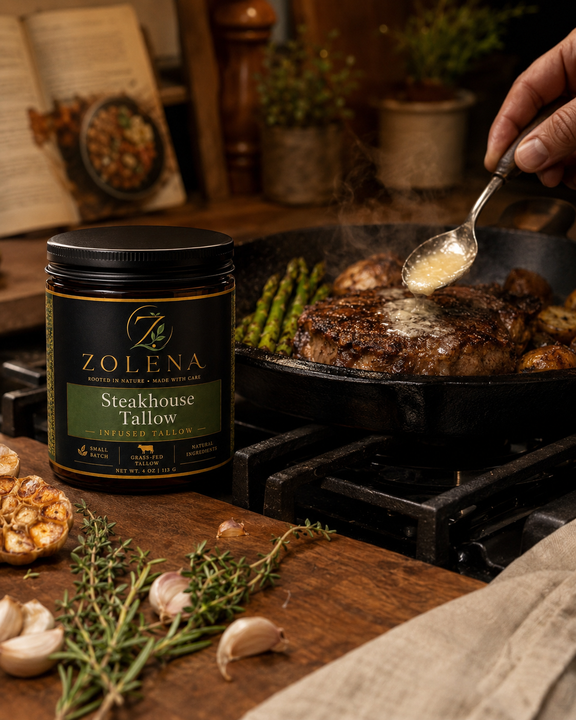 Grass-Fed Beef Cooking Tallow - steakhouse Garlic & herbs - ZOLENA