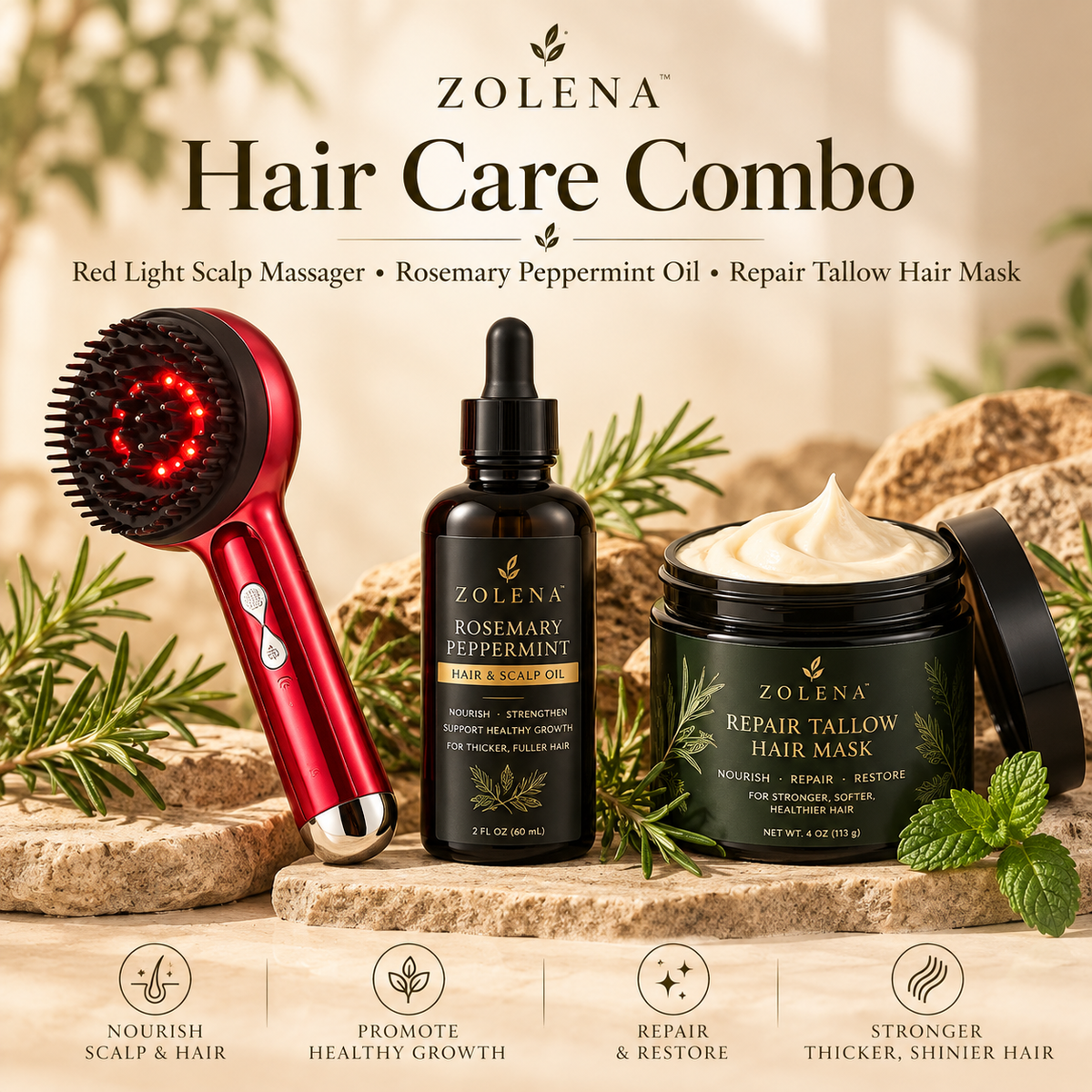 ZOLENA Hair & Scalp Care Combo-red light Messenger +Hair Mask +Rosemary Peppermint Serum 